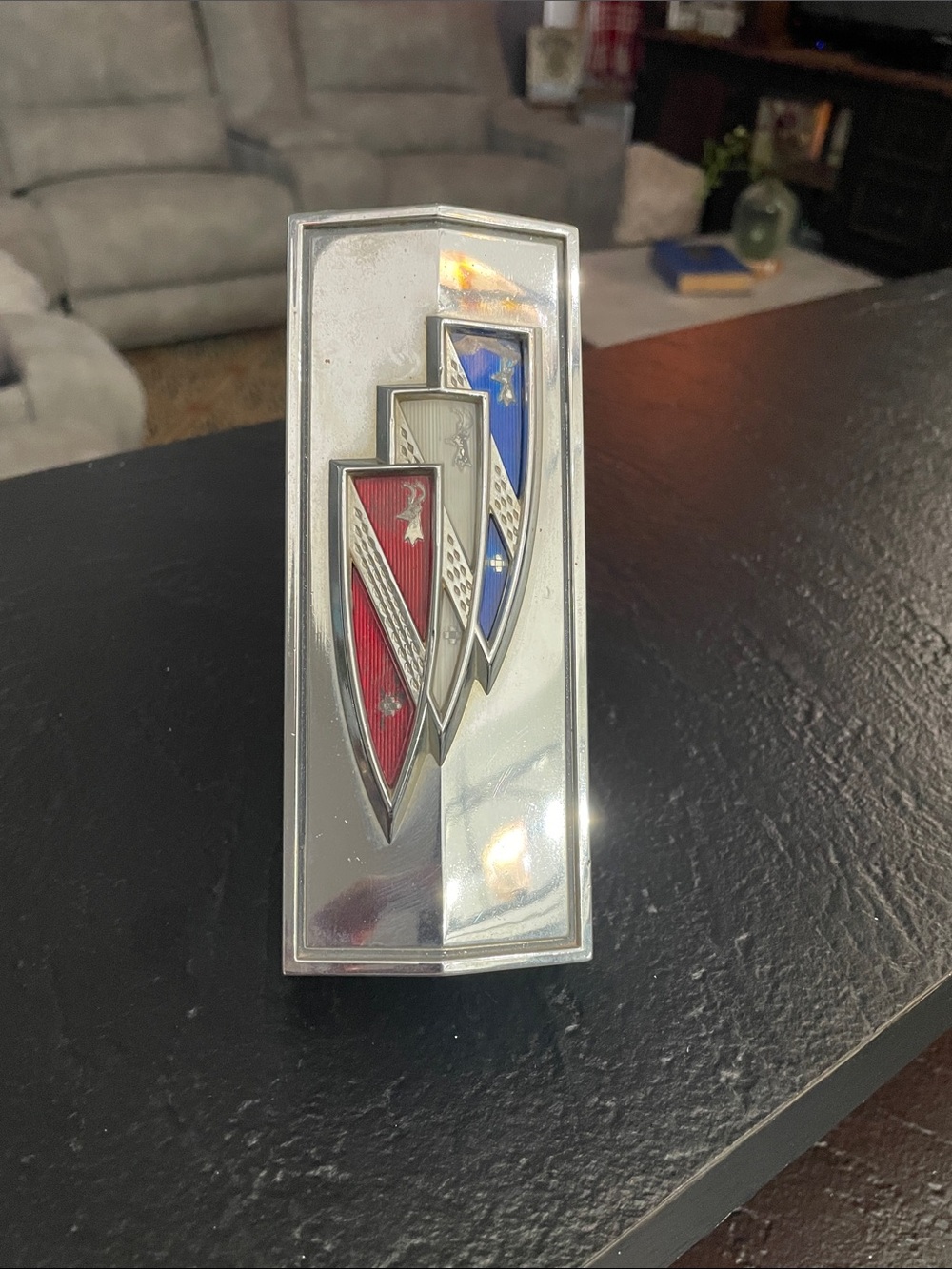 1970’s Buick Electra Vintage Car Hood Emblem with Red and Blue Shields